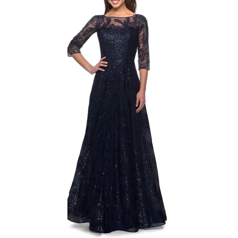 La Femme Navy Lace Sequin A-line Gown Dress 3/4 Sleeve Pockets Modest Sz 16